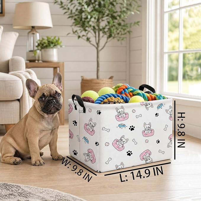 Large Dog Toy Basket Puppy Box Storage Bin (Pink Black) | Holder French Bulldog Stuff Organizer, Room Decor Gifts
