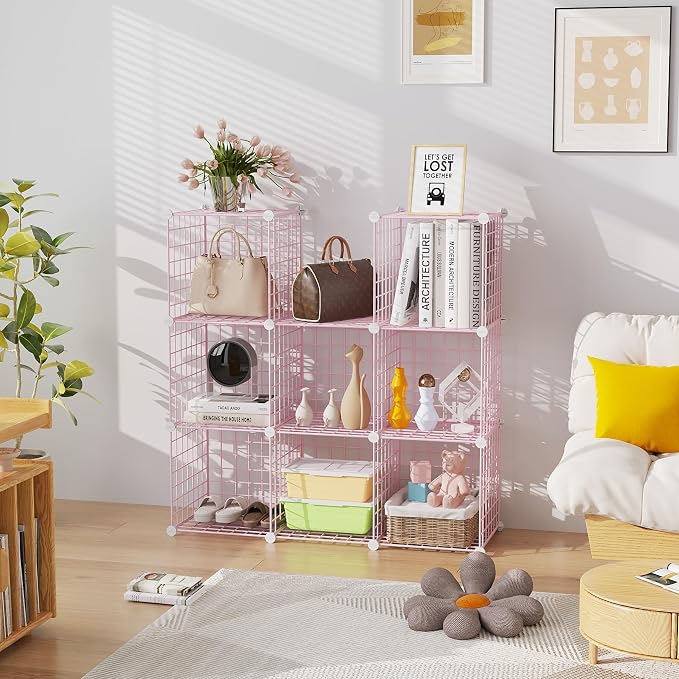 C&AHOME Wire Cube Storage, 9 - Cube Organizer Metal C Grids, Shelves, Pink | Modular Shelves Units, Closet Organizer, Storage Bins Shelving, Ideal for Home, Office, Living Room