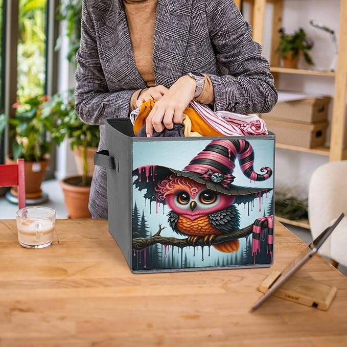 Magical Wizard Owl Foldable Storage Bins, 10.6" Cube Storage Organizer, Sturdy Oxford Cloth Fabric Baskets for Closet, Shelf, Nursery, Bedroom, Decorative Printed Box for Toys & Clothes