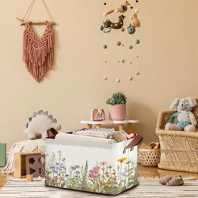 Floral Meadow Storage Basket Large 17x11.5x10.5 Inche-Collapsible Fabric Organizer Bin with Handles for Garden Party, Boho Decor, Living Room-Decorative Hamper with Field Flower Pattern-Single Pack