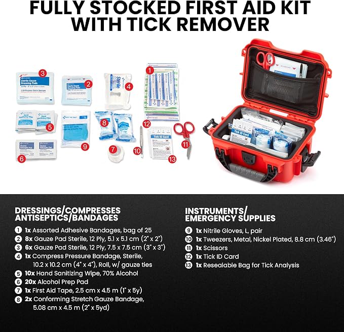 NANUK 903 - Small Waterproof First Aid Kit 78pcs – Pre-Stocked First Aid Emergency Kit with Bandages, Tick Removal Tool, and More – Dustproof, Impact-Resistant, Floats (7.4" x 4.9" x 3.1") – Red | Tick Removal Tool, More - Dustproof, Impact-Resistant, ...