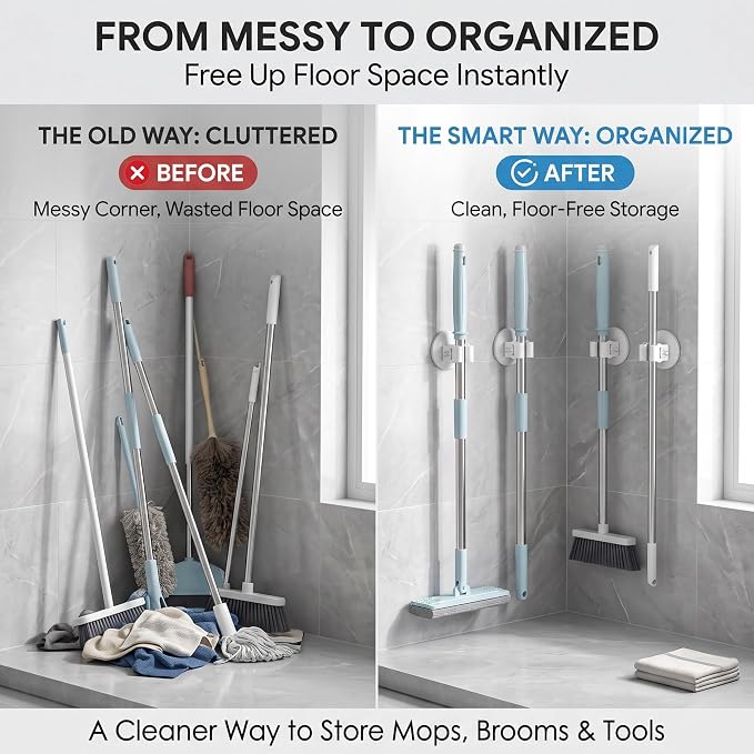 Broom Holder Wall Mount Adhesive 3 Pack Mop Holder Wall Mount, Broom Gripper, Broom and Mop Organizer Wall Hanging, No Drill Broom Hanger for Bathroom, Kitchen, Laundry Room, Garage Holds up to 4 lb