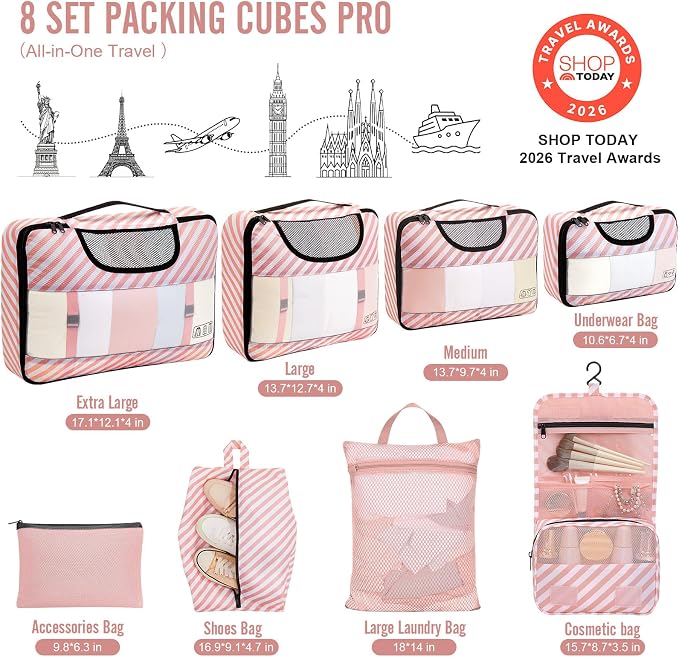 Veken 8 Set Packing Cubes for Travel Essentials, Pink Suitcase Organizer Bags in 4 Sizes, Carry-On Luggage Accessories with Large Laundry & Hanging Toiletry Bag, Must-Have for Airplane, Road Trip