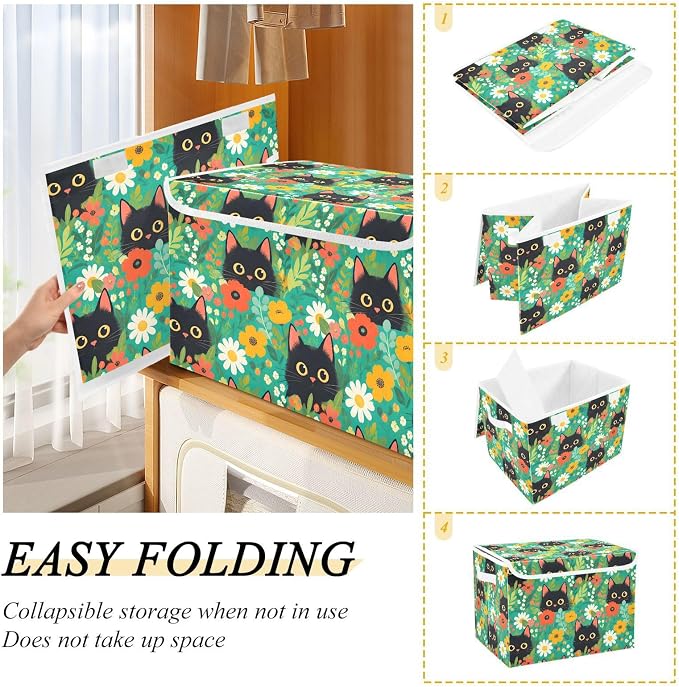 Cute Cat Fabric Fabric Storage Bins with Lid Closet Bedroom Storage | Foldable & Stackable, Flip Top Dust Guard, Reinforced Handles, Home & Bedroom, Clothes & Toys, Oxford Print Basket