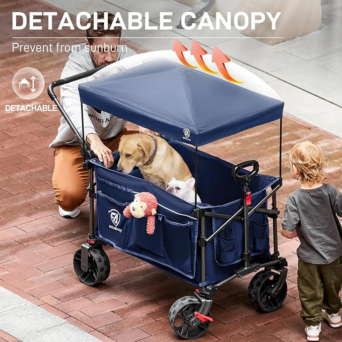 EVER ADVANCED Folding Push Wagon with Canopy, Shopping Cart with Brakes | Portable Collapsible Wagon Cart with All-Terrain Big Wheels for Camping, Beach, Sports