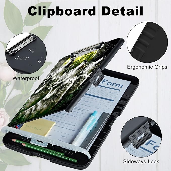 Three Gray Wolves A4 Clipboard with Storage Pen Holder, Clipboards Organizer Nursing Clipboard Foldable File Folder Plastic Clipboard Folio Clip Board for Office Students Classroom Doctor