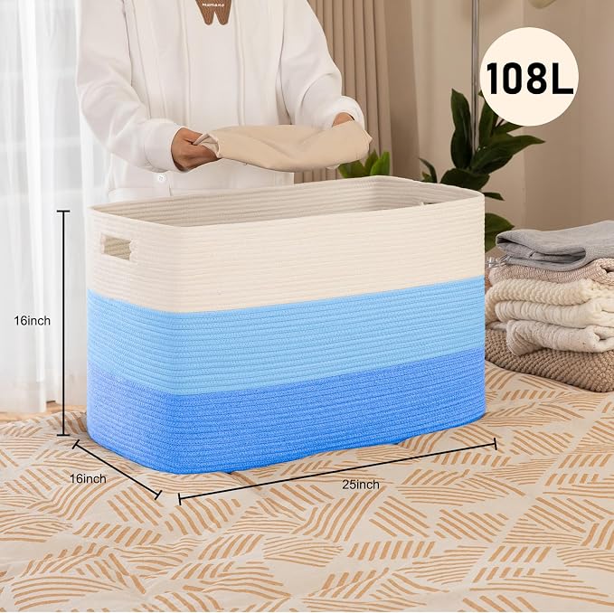 OIAHOMY 108L Extra Large Blanket Basket Dog Toy Basket Gradient Light Blue | Rectangle Woven Baskets for Storage Cotton Rope Basket For Living Room Toy Storage Blanket Storage Laundry Basket