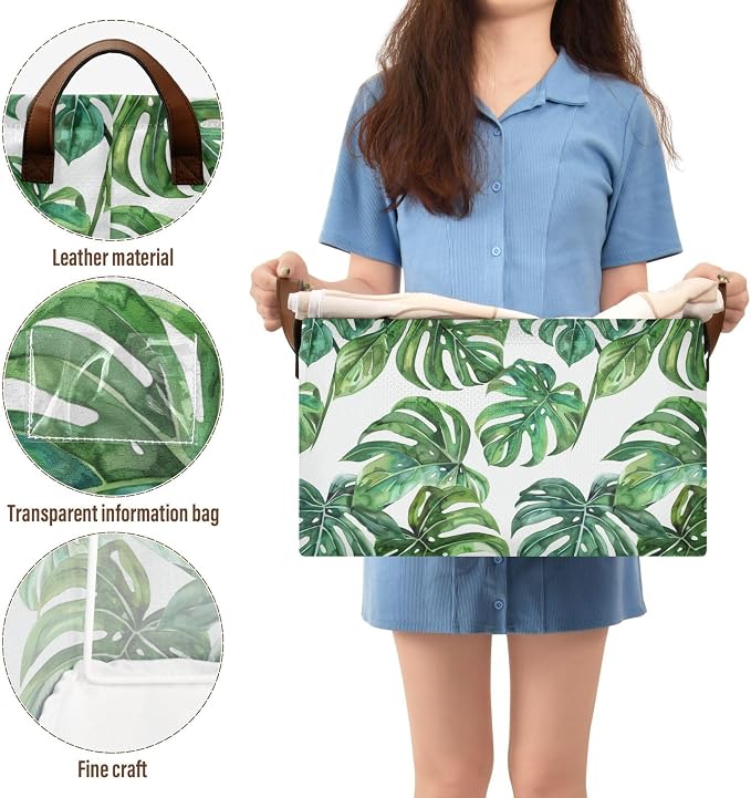 Green Tropical Leaves Spring Summer Leaf Storage Bins for Shelves with Labels&Handles Fabric Organizer Bin Foldable Rectangle Storage Basket Boxes for Closet, Bathroom, Home, Living Room