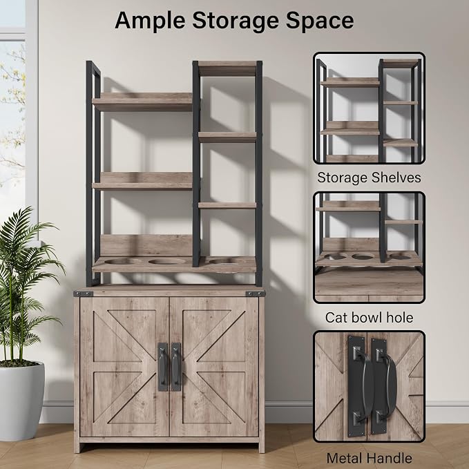 Saudism Cat Litter Box Enclosure with Storage Shelves, Tall Cat Litter Box Furniture Hidden with Feeding Station, Farmhouse Cat LitterBox Cabinet with Barn Door for Living Room, Bedroom, Gray