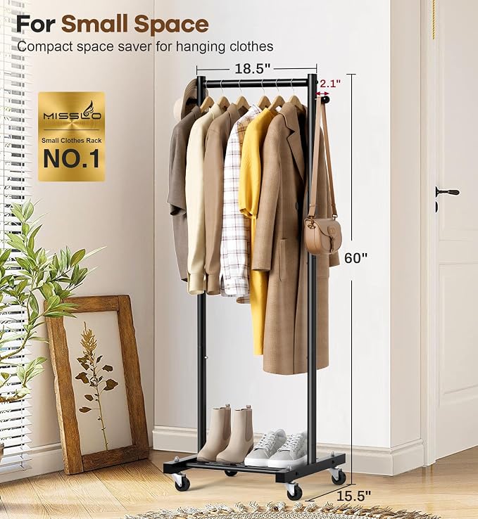 MISSLO Small Clothes Racks for Hanging Clothes Clothing Rack with Wheels 60" Metal Garment Rack with Shelves Portable Rolling Wardrobe Rack for Small Space, Black