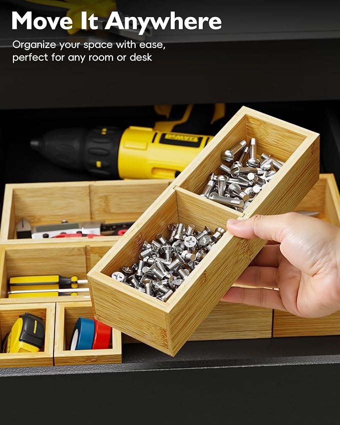 Bamboo Drawer Organizer Set, 6 PCS Trays with 12 Compartments | Natural Bamboo, Flexible Modular Trays, Water-Resistant, Stackable Design, Adjustable, Excellent Organization, Easy to Clean
