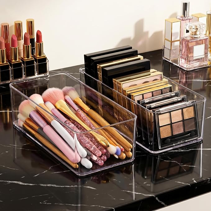 4-Piece Acrylic Organizer Set, Makeup Organizer for Drawer, Vanity, Countertop, Bathroom & Kitchen Storage, Clear PET Desktop Organizers with Compartments (2 Open + 2 Three-Cell Boxes)