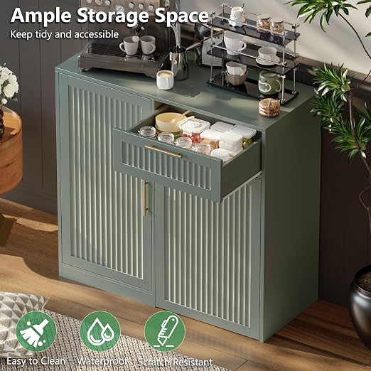 Single 13 Gallon Pull Out Trash Can Cabinet with Storage Cabinet,Green | Pet Proof Hidden Garbage Can Cabinet,3-Tier Shelves,Fluted Design,Extra Drawer Space,Kitchen & Dining Room Organization