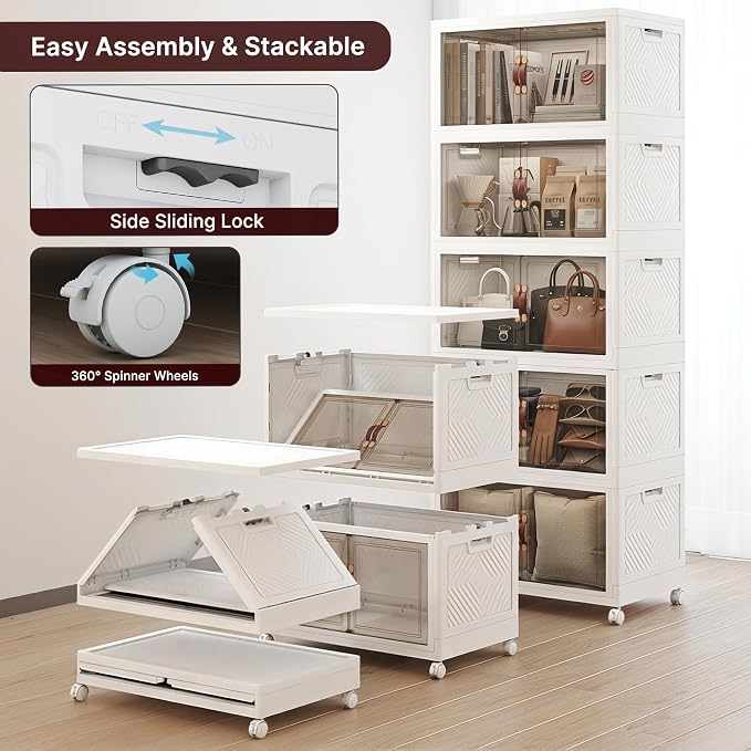Stackable Storage Bins with Lids, 550QT Lockable Storage Cabinet | Closet Organizers, Foldable Storage Box with Doors and Wheels, Plastic Drawers for Home, Garage, Office (5, White, Plus)