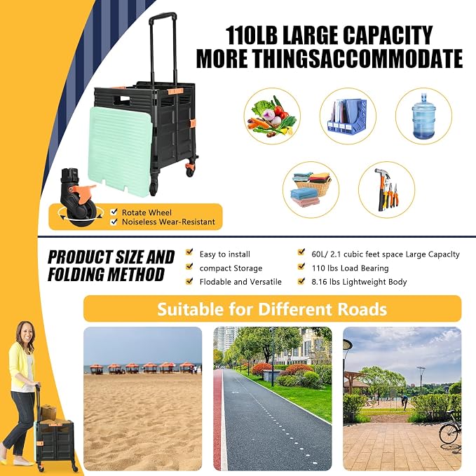 Foldable Utility Cart Portable Rolling Crate Handcart Shopping Trolley Collapsible Tool Box with Rotate Noiseless Wheels Telescoping Handle Lid for Travel Move Storage Office School (Green)