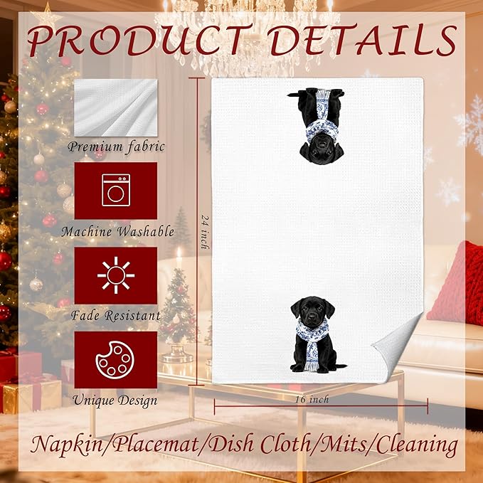 Chinoiserie Black Labrador Retriever Kitchen Towels 16x24 in, Black Lab Gifts, Gifts for Labrador Lovers, Grandmillennial Blue Scarf Dog Decorative Hand Tea Dish Towels for Bathroom Kitchen