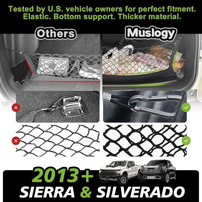 Muslogy Cargo Net for 2013-2026 Chevy Silverado GMC Sierra 1500/2500/3500HD | Custom Fit, Truck Bed Storage Organizer Net for Pickup Truck Bed Divider, Heavy Duty Carabiners, Night Visible Grab Handle