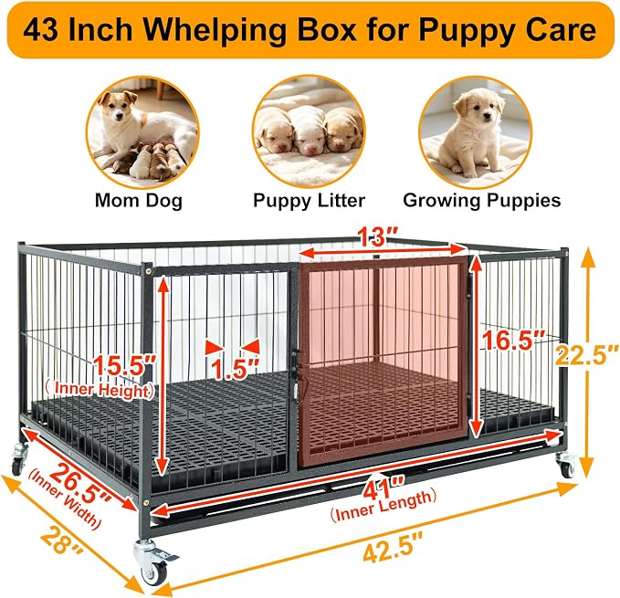 Homey Pet 43" Whelping Box for Dogs and Puppies, Easy Puppy Care | Heavy Duty Dog Whelping Box with Front Door, Top Open, 4 Wheels, Removable Tray | Airflow & 360° View | Easy- Move & Clean