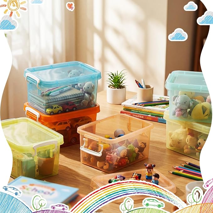 6 Pack Colorful Plastic Storage Bins with Lids 4 Quart Small Storage Latch Box Stackable and Nestable Clear Organizer Bins with Latching Handle and Buckle for Organizing (Pastel)