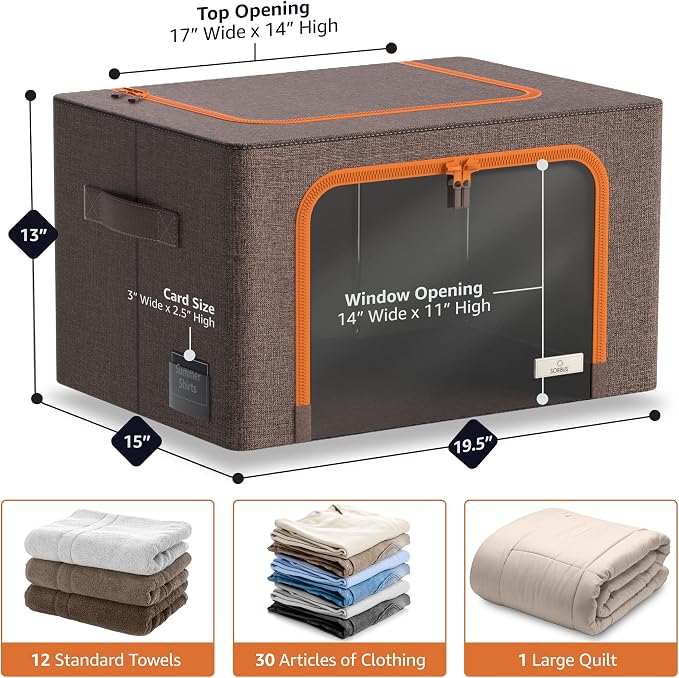 Sorbus Clothing Storage Bins with Clear Window, Metal Frame (6 Pack, Brown) | Oxford-fabric containers with carry handles stack neatly to organize bedding and linens in closets and laundry rooms.