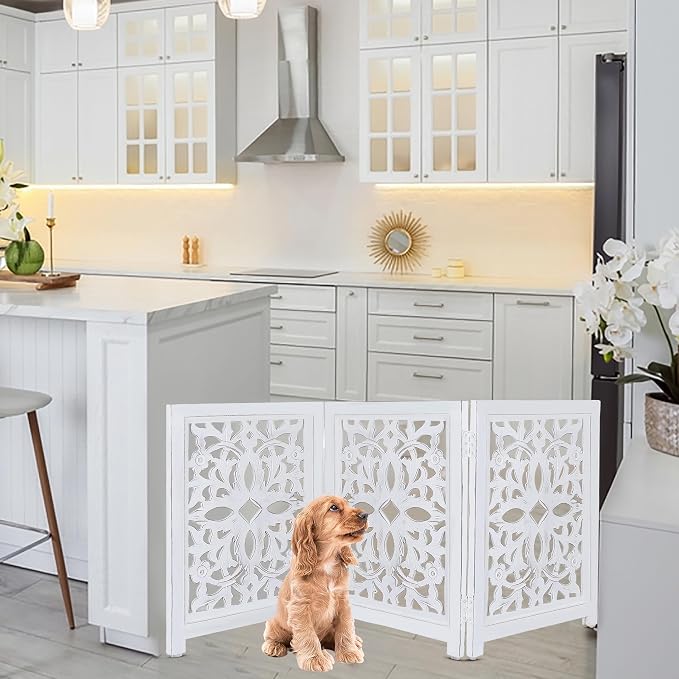 Lightnpro Wooden Pet Gate – Decorative Carved Foldable Dog Fence, Extra-Wide Freestanding Indoor Safety Gate for Small Dogs – 24x18 Inch Antique White