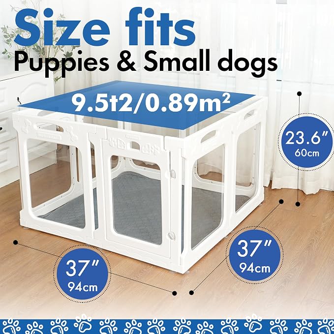 Clear Acrylic Indoor Dog Playpen, 24" H, 8 Panels, White | Open View, Modern Home, No Climbing Bars, Tool-Free Setup, For Puppies & Small Dogs