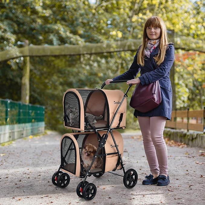 PETSITE Double Dog Stroller, Foldable Pet Stroller for 2 Dogs & Cats Small Medium Sized with Detachable Carrier on Wheels, Ideal for Car Seat Walking Camping Travel