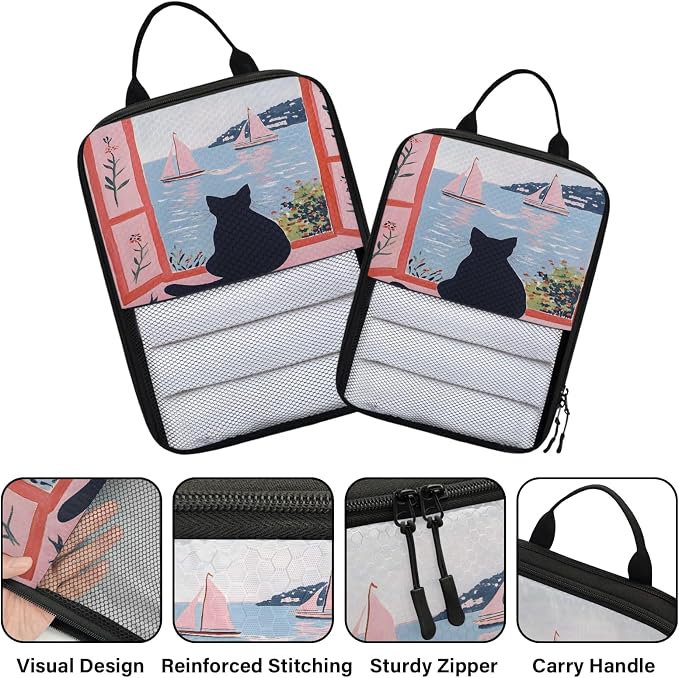 Cute 6 Set Compression Packing Cubes Black Cat Expandable Packing Organizer for Travel Accessories Luggage Suitcase Bag