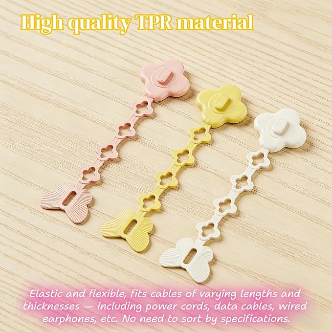 2-in-1 Cord Wrap and Cable Organizer with No-Trace Adhesive, TPR, Set of 3, Pink, Yellow, White, for Kitchen, Bathroom, Living Room