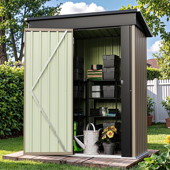 Patiowell 5x3 FT Outdoor Storage Shed, Brown | Tool Shed, Sloping Roof, Lockable Door, Metal Shed for Backyard Garden Patio Lawn
