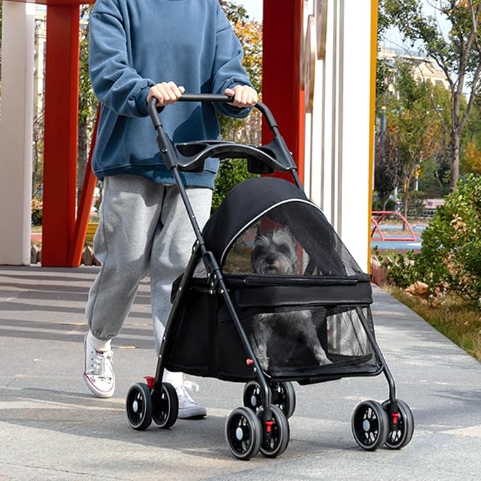 4-Wheel Pet Stroller, Dog and Cat Stroller, Breathable Visible Mesh, Lightweight Travel Carrier, Waterproof & Foldable Design, Storage Organizer and Cup Holder, for Daily Walks & Outdoor Use Black