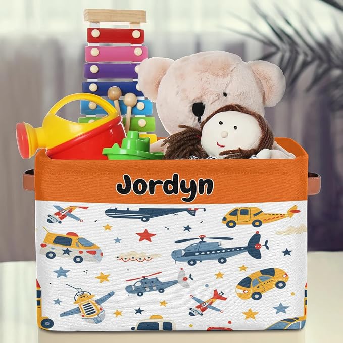 Personalized Storage Basket with Name, Rectangle Toys Storage Bin with Handles for Baby, Boys, Girls, Collapsible Basket for Clothes, Books, Cartoon Planes Car Taxi