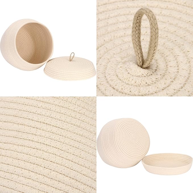 Sea Team Round Woven Cotton Rope Storage Basket with Lid, Cream | Lidded Knitted Decorative Storage Bin, Pot, Caddy, Organizer, Container for Snacks, Towels, Plants, 13 x 9 Inches