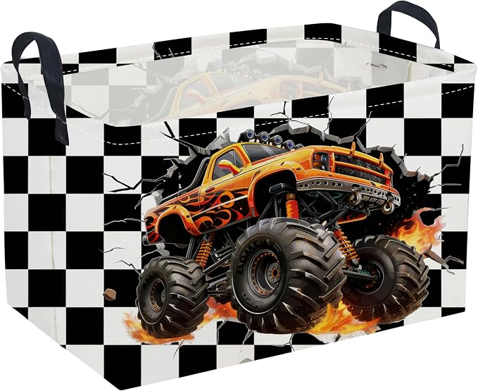 Sanjiaofeng Rectangular Monster Truck Basket for Kids,Baby Storage Bins with Handles for Car Decor,Racing Storage Bin,Cute Toy Storage Organizer for Boys and Girls,Car Room Decor(Racing flag)