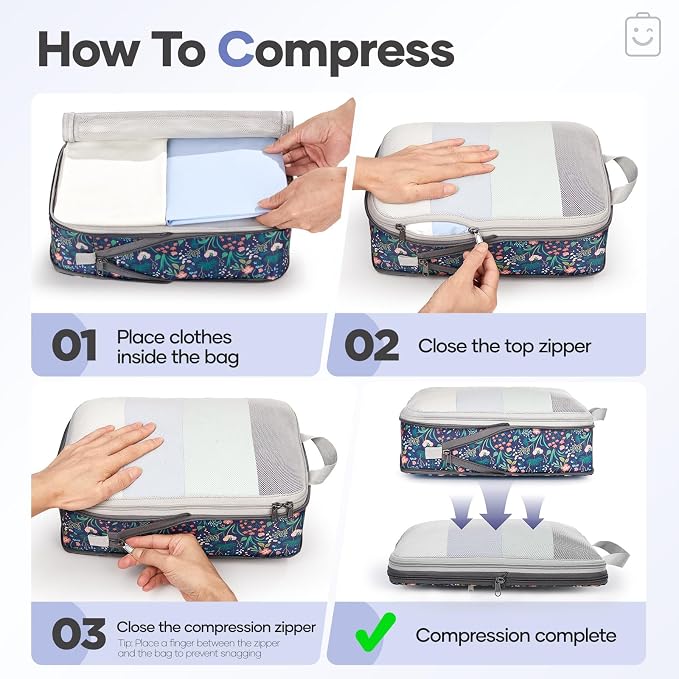 Veken 9/11 Set Compression Packing Cubes Garment Bags for Travel Essentials,Compressible Expandable Luggage Organizer Bags,Space Saver Bags with Over 1000 pcs of Mesh Holes(Dark Blue Floral)