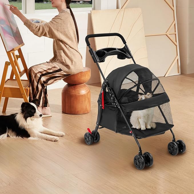 Foldable Pet Stroller with Mesh Windows, 40lbs Capacity Pet Carrier Cart with Locking Wheels, Breathable Cat & Dog Stroller for Small Animals, Foldable Pet Travel Cart for Outdoor (Black)