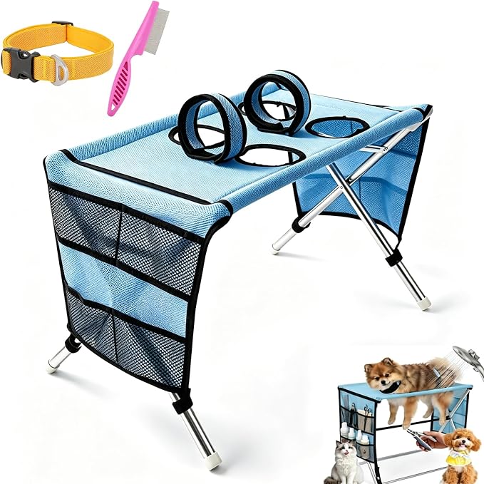 2-in-1 Foldable Pet Grooming Bed, Portable Pet Bathing Stand (Blue,B) | Dog Grooming Hammock with Foldable Frame and Mesh Side Pockets, Suitable for Pet Washing Maintenance Travel Grooming