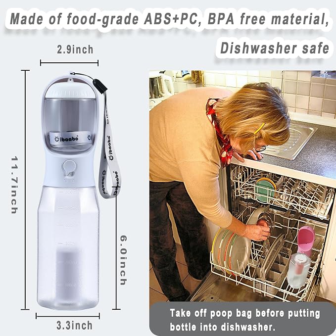 Cibaabo Dog Water Bottle with Food Container & Poop Bag Holder & Filter | Feeding & Hydration & Waste All in One | Travel Puppy Water Bowl | Portable Pet Dispenser | Dog Gifts | for Walking Beach