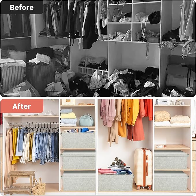 Storage Bins With Lids Closet Organizer Cabinet Box For Clothes,Toys,Shelf | 2 Pack, 17"X 12"X 2", Collapsible, Stackable, Dustproof, Built-In Handle, Label Slot, Linen Fabric, Cardboards, Gray-Green