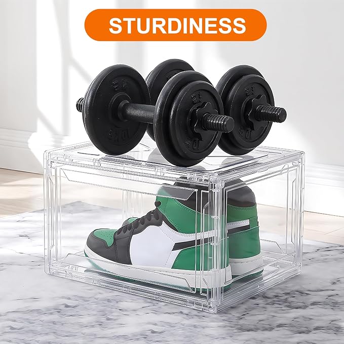 3 Pack Acrylic Shoe Boxes, Ultra Clear Shoe Boxes Stackable, Shoe Storage Box Sneaker Storage for Sneakerhead, Foldable Shoe Organizer with Magnetic Door, Professional Shoe Display Fits US Size 15