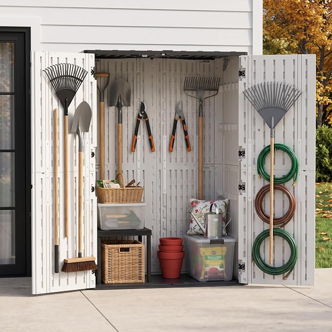 65 Cu.Ft Resin Outdoor Storage Shed with Floor, Weatherproof Plastic Vertical Outdoor Storage Cabinet for Garden Backyard Patio Pool Tool