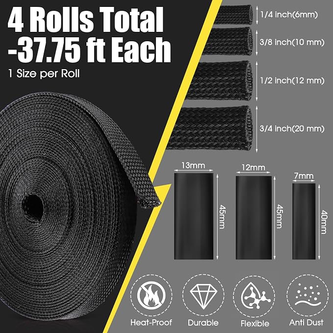 Tatuo 151 ft Braided Cable Sleeve Expandable Wire Sheathing(Black) | with 120 Heat Shrink Tubing 1/4 in 2/5 in 1/2 in 3/4 in Wire Sleeve Cord Management for Television Audio Computer Video Pets