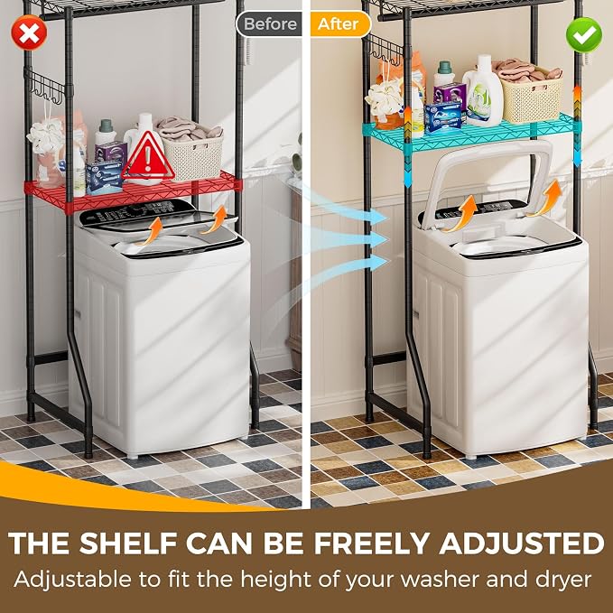 Golpart Laundry Organizer Shelves Over the Washer and Dryer Storage Shelf | Heavy Duty Laundry Room Organization Clothes Drying Rack Adjustable Height Wire Shelving and Wire Basket with Hanger Rod