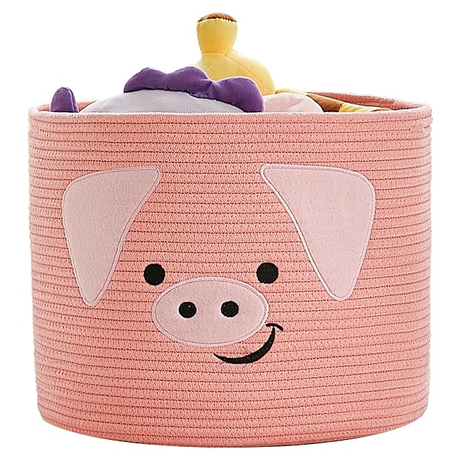 VK VK·LIVING Animal Baskets Large Woven Cotton Rope Storage with Cute Pig Design and Handles, Laundry Organizer for Towels, Blanket, Toys, Clothes, Gifts, Toy Box, Gift for Pet or Baby 15"D x 14"H