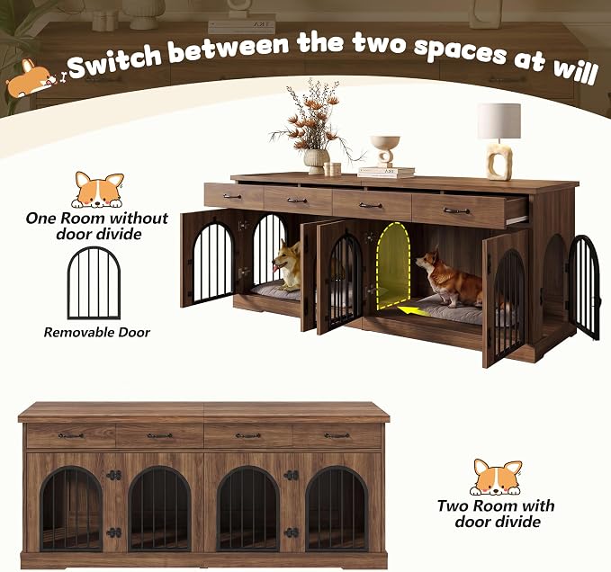 Merax 70.8" Large Dog Crate Furniture & TV Stand for 2 Dogs – Double Kennel with 4 Storage Drawers, Removable Divider & Arched Metal Doors – Wood Indoor Pet House for Medium/Large Breeds, Brown