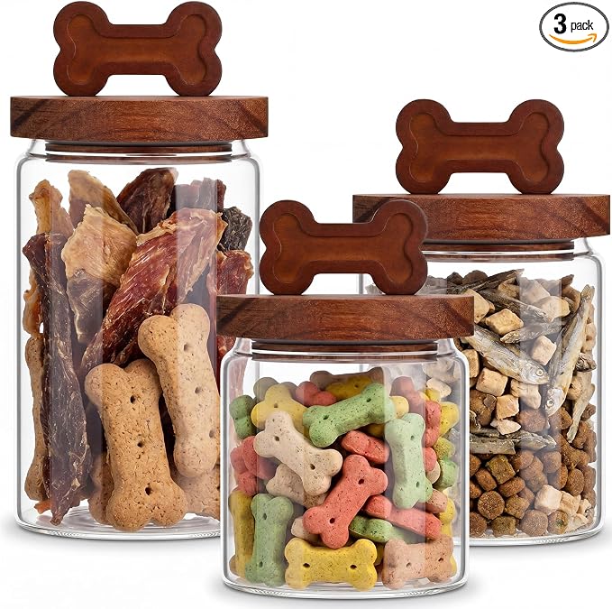 3 Pcs Glass Dog Treat Container, Dog Cookie Jar with Wood Lid | 3 Sizes, Airtight Pet Food Storage Container, for Countertop, Treats Canister, Doggie Cookie, Pets