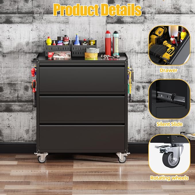 Garage Storage Cabinet with Wheels and Pegboard, Metal Rolling Tool Storage Cabinet with 3 Drawers for Garage, Home, Warehouse, Basement, Assembly Required, Black