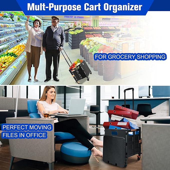 Utility Cart Folding Portable Rolling Crate Handcart with Lid Durable Heavy Duty Plastic Telescoping Handle Collapsible 360 Degree Rotate Wheels for Travel Shopping Moving Luggage Office Use,Black