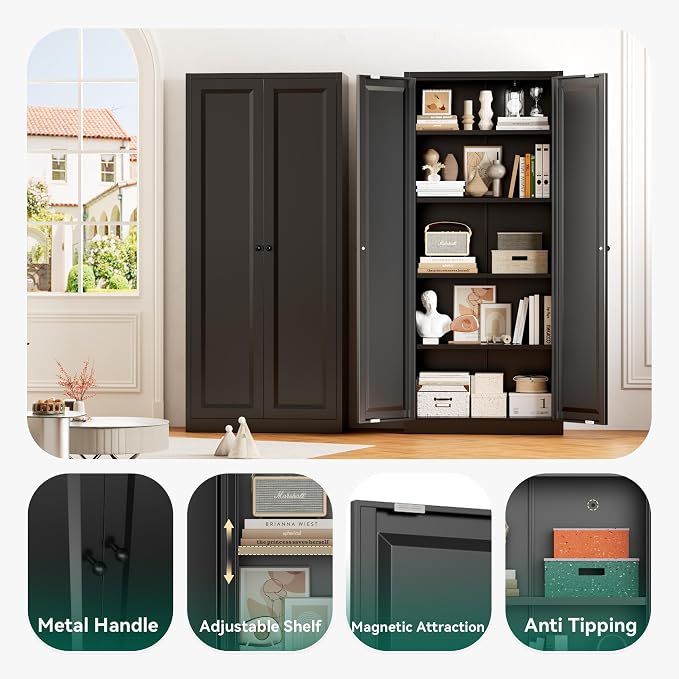Greenvelly Metal Storage Cabinet, 63" H Black Metal Storage Cabinet with Doors and 4 Shelves, Lockable Steel Cabinets for Living Room, Office, School (Black - Modern)