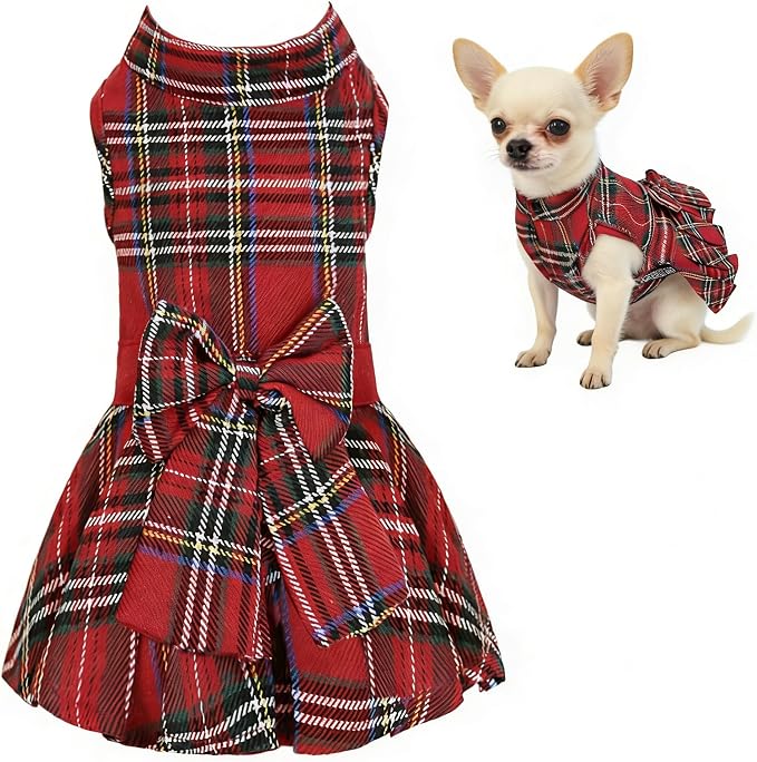 Classic Plaid Dog Dress with Bow Tie for Small Dogs Cats Girls, Cute Puppy Dresses Clothes with Bowknot Chihuahua French Bulldog Pet Apparel Outfits (Cranberry Red, Small)